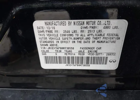 2017 Infiniti Q50 3.0T Premium from USA, damaged, VIN JN1EV7AP9HM738558